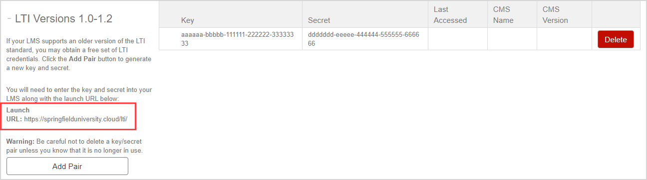 Under LTI Versions 1.0-1.2 heading, the Launch URL is highlighted.
